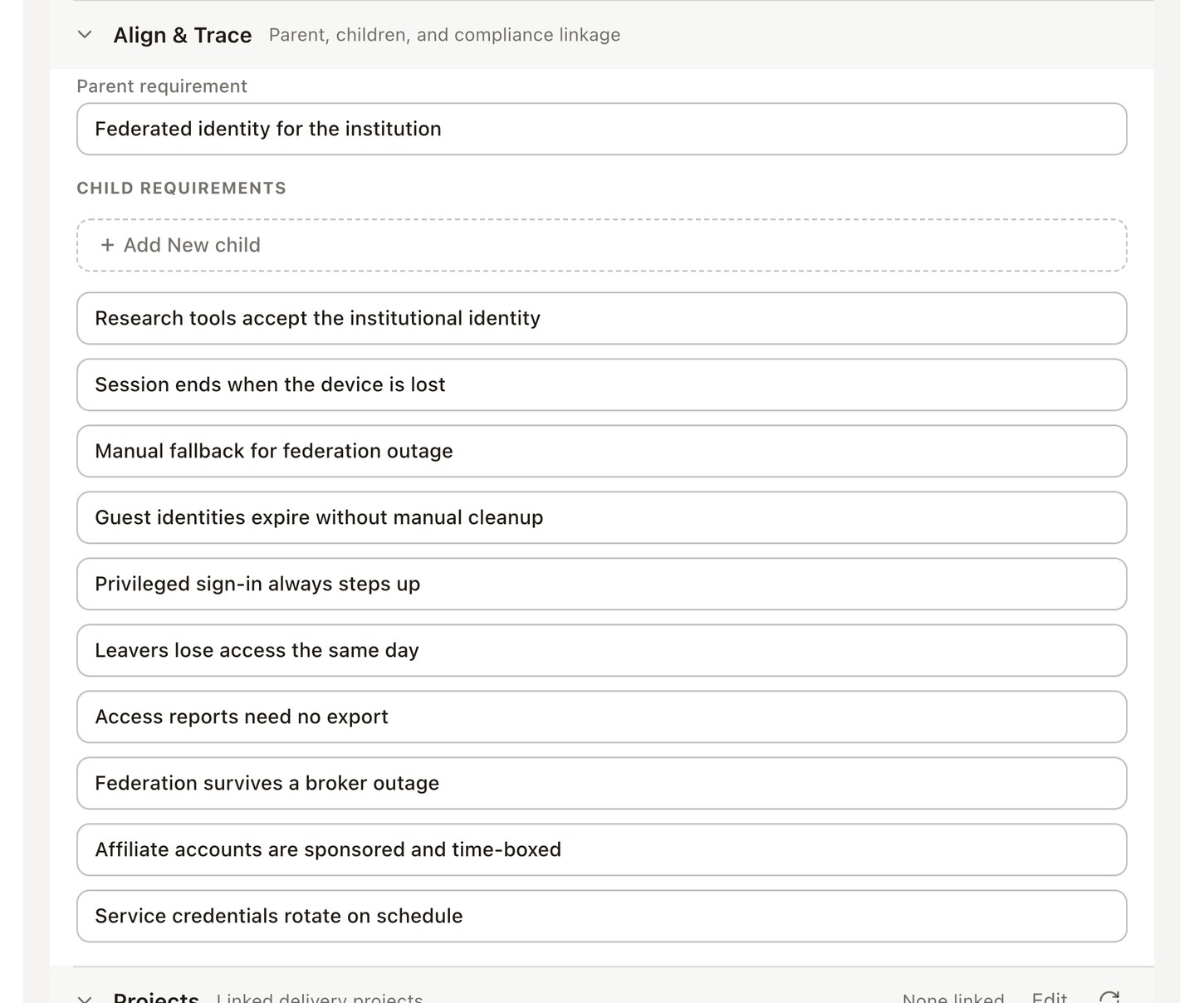 The align and trace section at true size: the parent requirement in a field of its own, and the child requirements listed beneath it