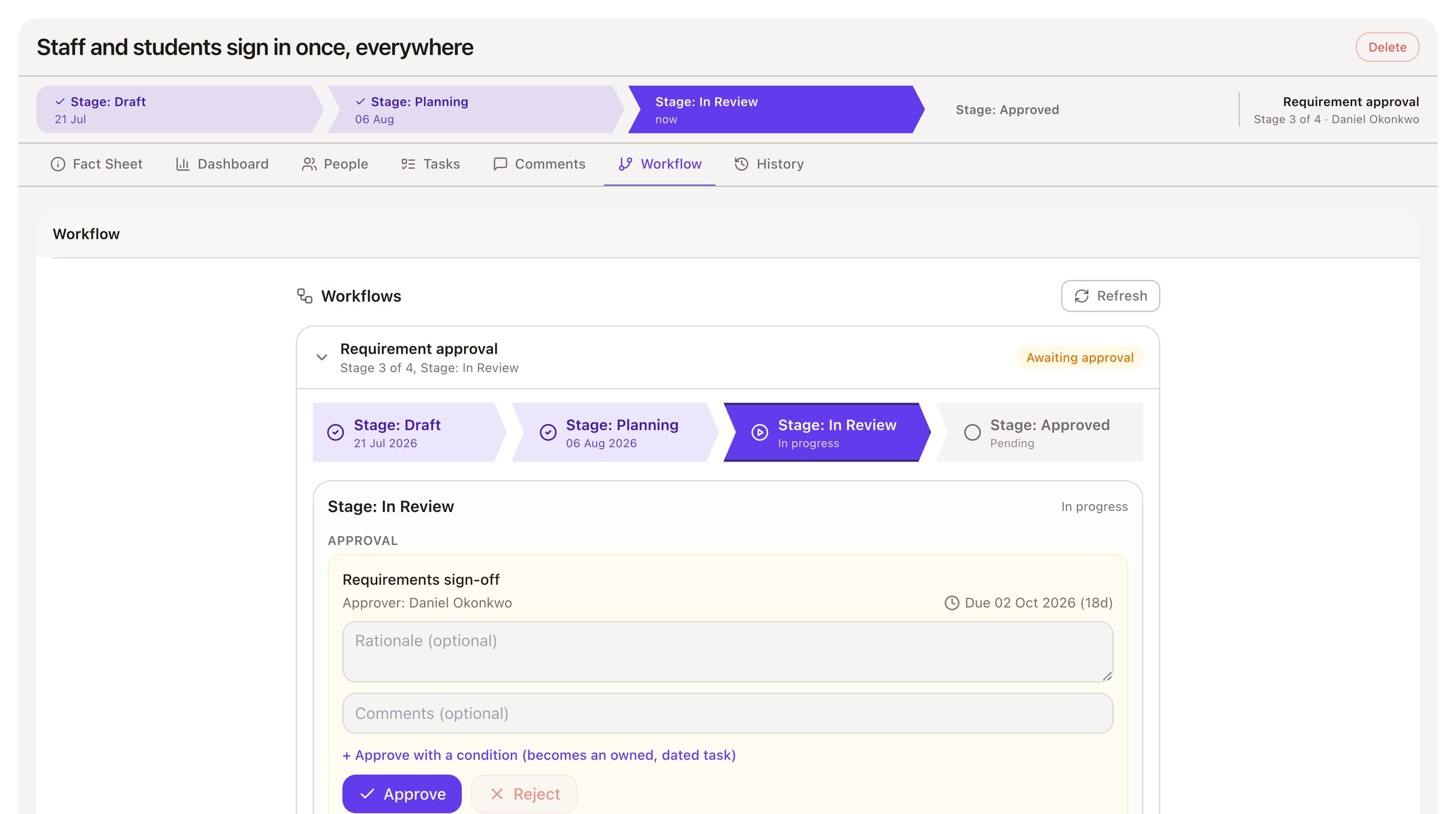 The requirement's workflow tab at true size: the requirement approval at stage three of four, in review, awaiting approval, with the sign-off due on 2 October, a rationale field, approve with a condition, and approve or reject
