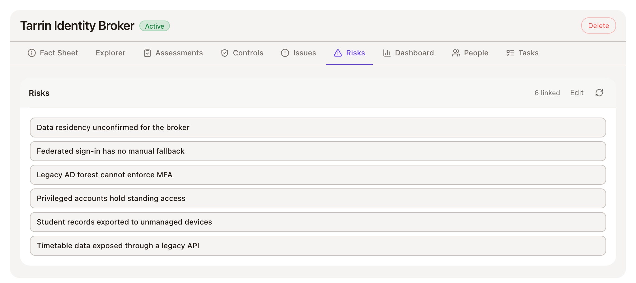 Tarrin Identity Broker on its Risks tab: six linked risks, including Federated sign-in has no manual fallback
