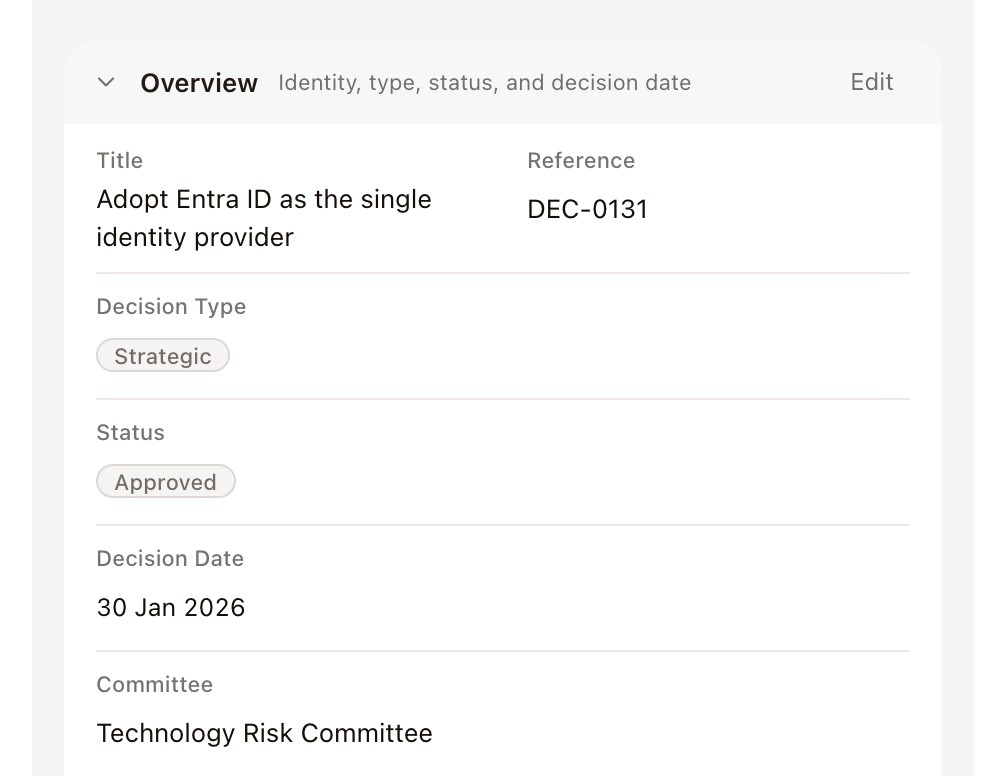 Decision DEC-0131, Adopt Entra ID as the single identity provider: Strategic, Approved 30 Jan 2026 by the Technology Risk Committee