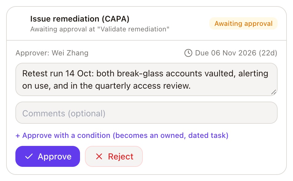 Issue remediation awaiting approval at Validate remediation, with the retest result and Approve or Reject