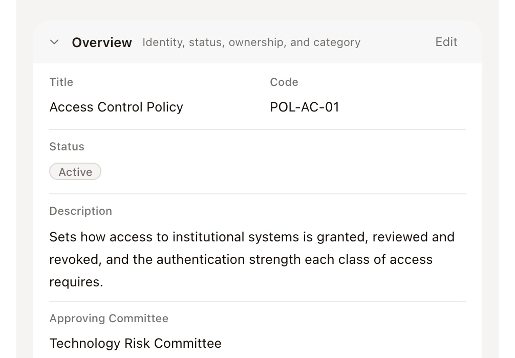 Access Control Policy, POL-AC-01, Active, approved by the Technology Risk Committee