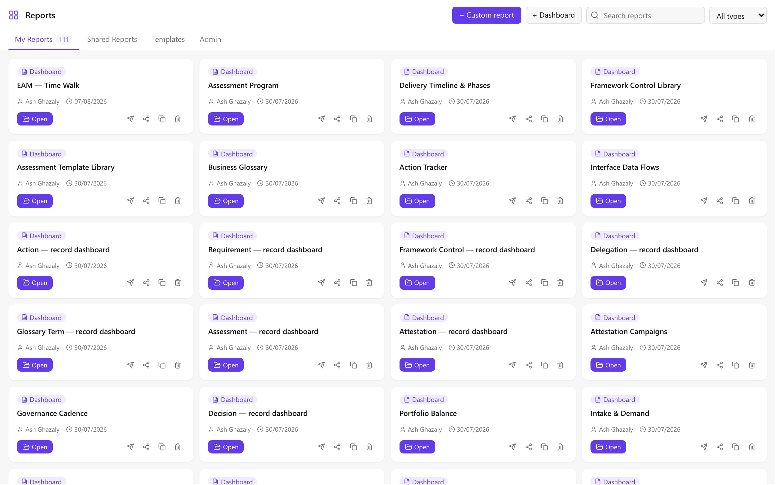 The AlignX reports hub: a hundred and eleven saved reports, with buttons to start a custom report or a new dashboard