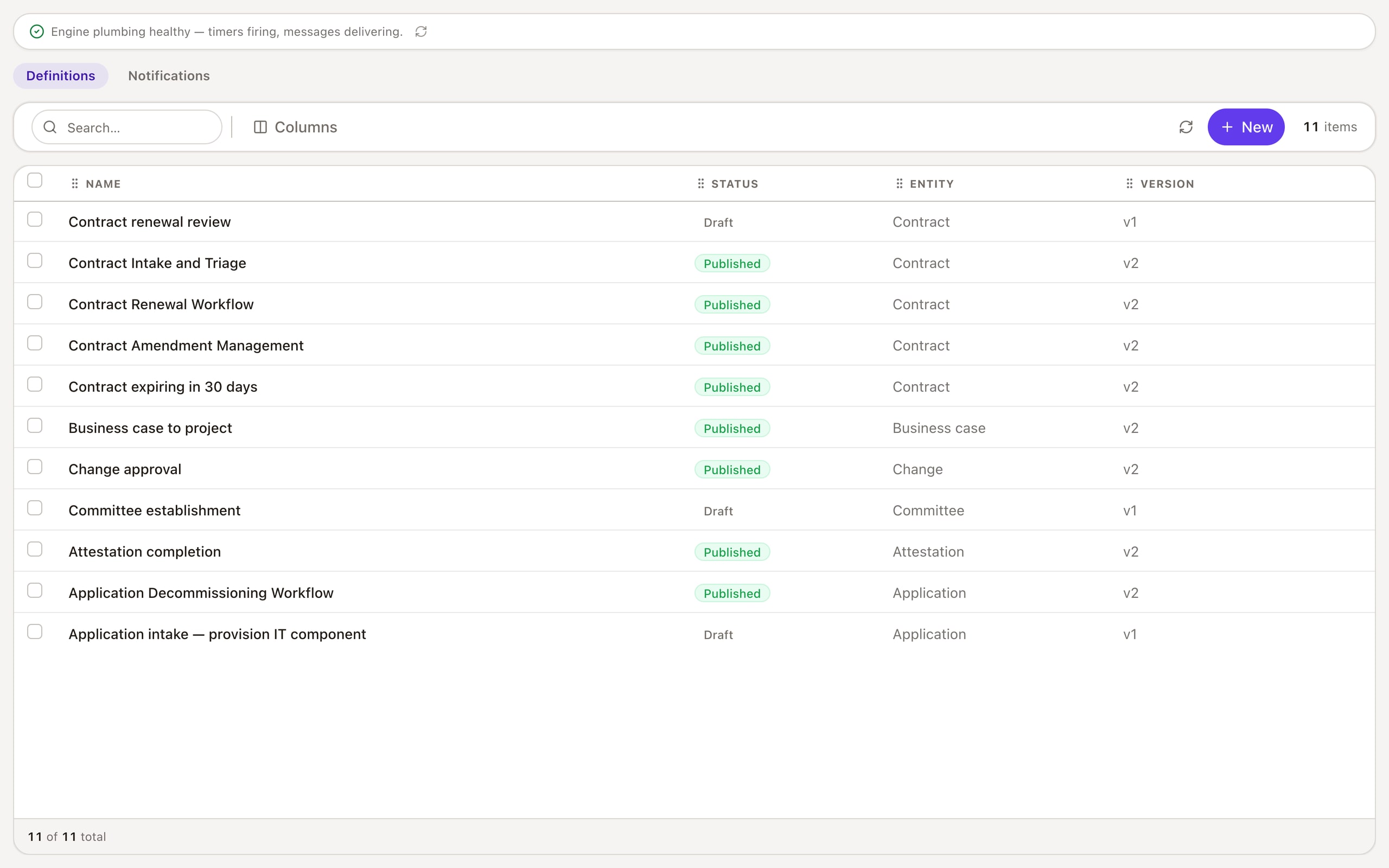 The workflow studio's own list of definitions, each with the record type it runs on and its status