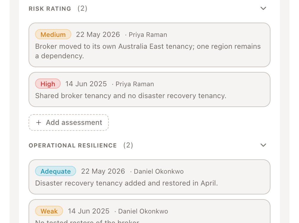A supplier's due diligence: risk rating Medium now and High a year earlier, operational resilience Adequate now and Weak before, each with its assessor and reason