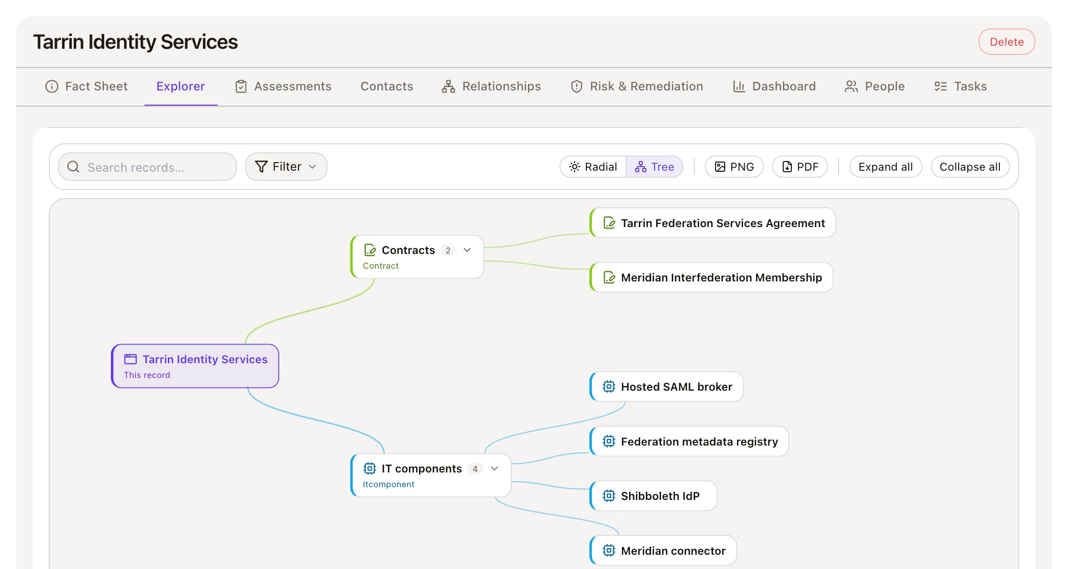 A supplier in the relationship explorer: its two contracts and the four IT components that run on it